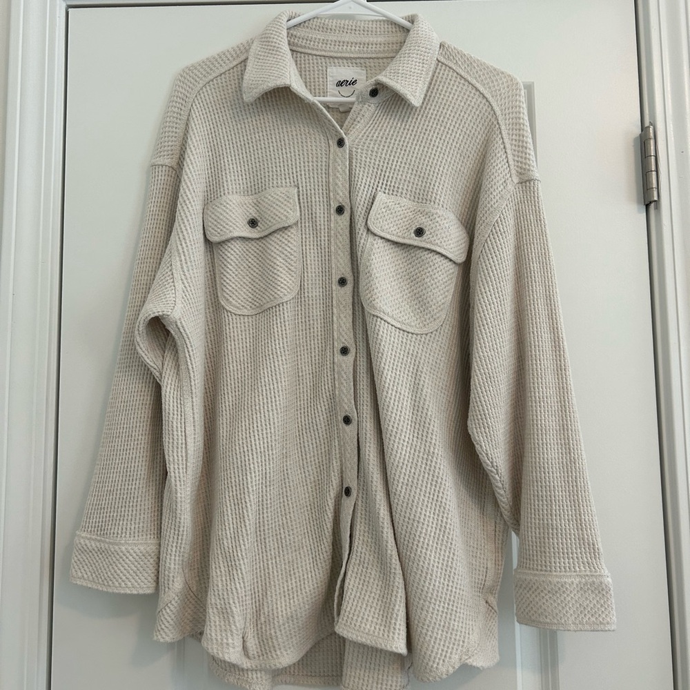 Aerie Beige Waffle Knit Button-Up Top